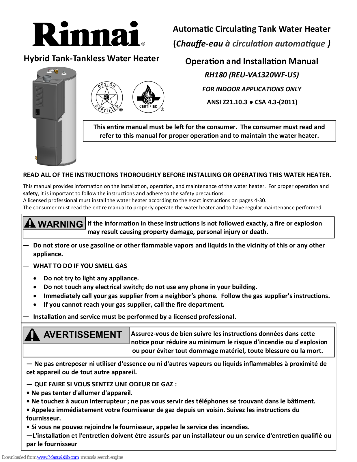 Rinnai REU-VA1320WF-US Operation And Installation Manual