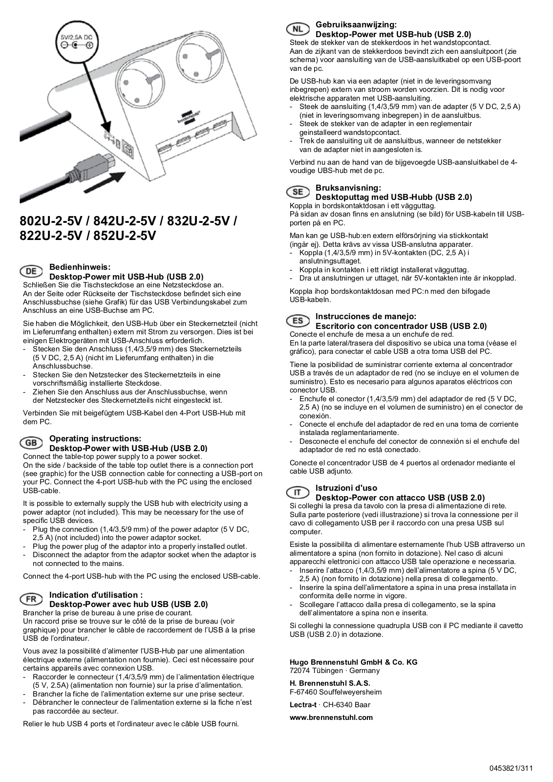 Brennenstuhl 802U-2-5V, 842U-2-5V, 832U-2-5V, 822U-2-5V, 852U-2-5V Operating Instructions