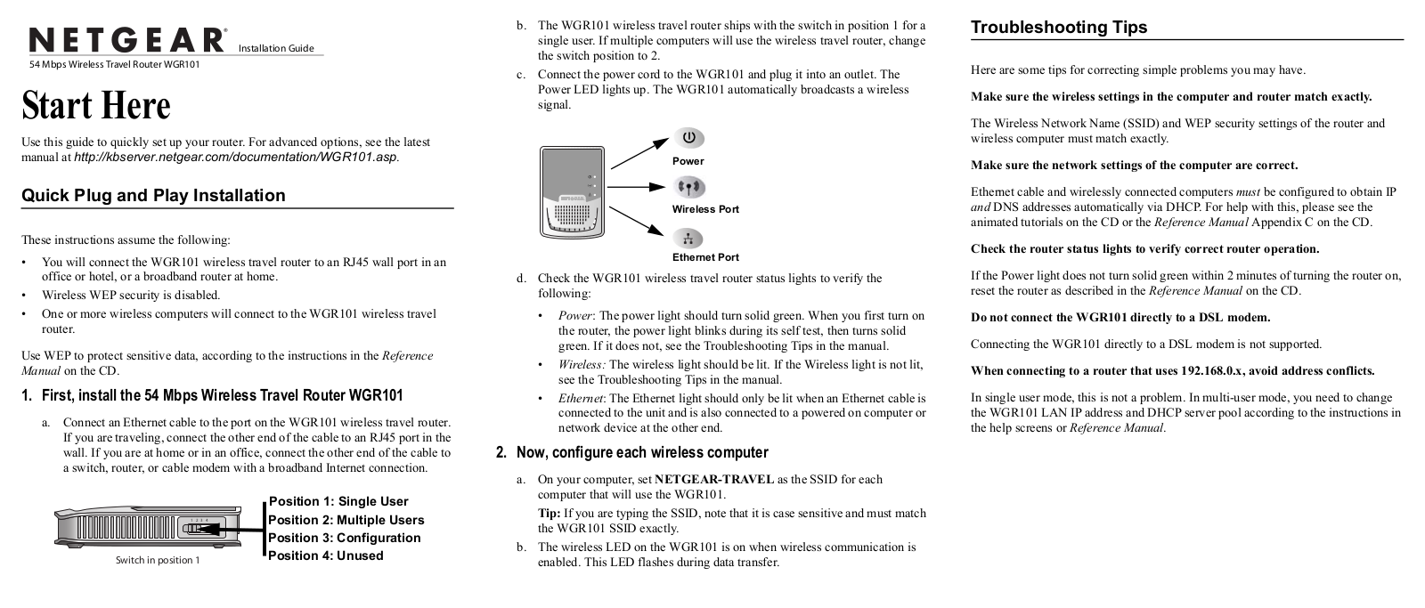 Netgear WGR101 Quick Start Manual