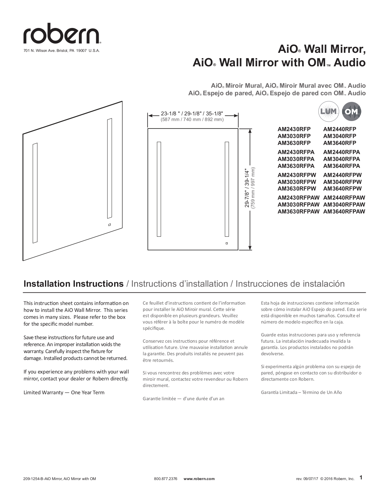 Robern AM2430RFP, AM2440RFP, AM3030RFP, AM3040RFP, AM3630RFP Installation Manual