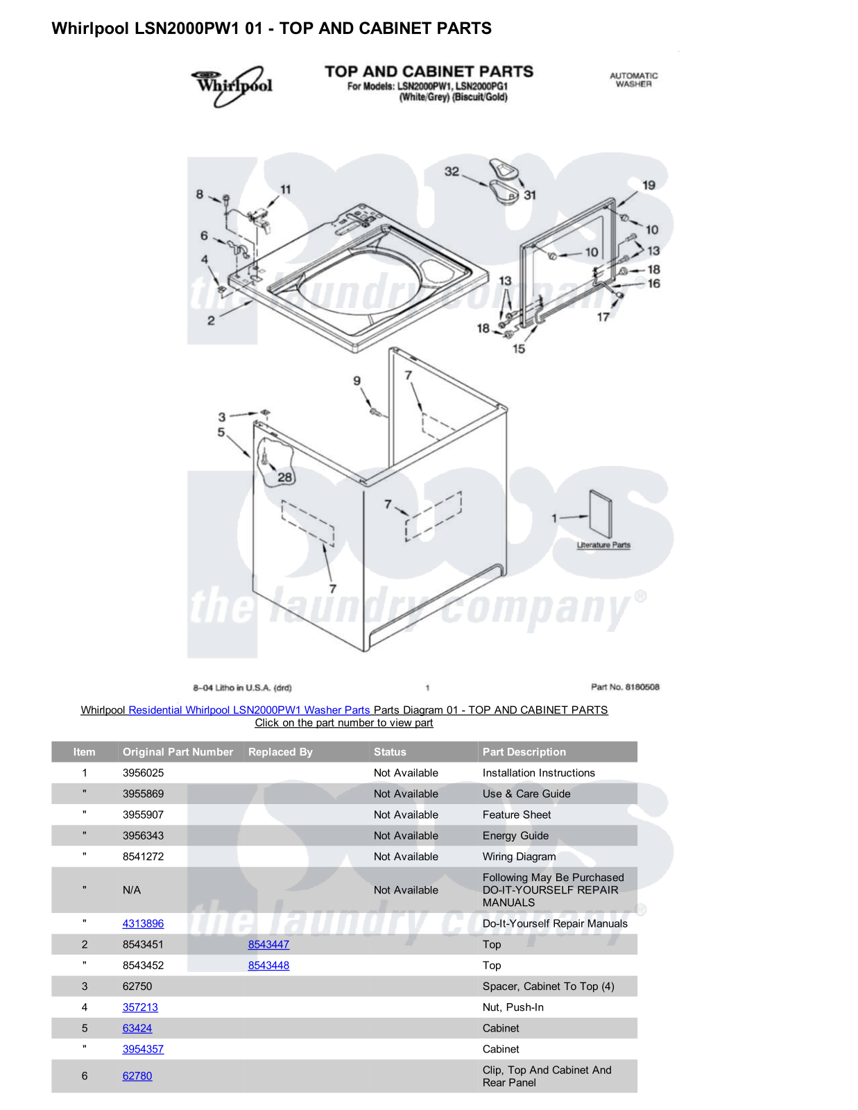 Whirlpool LSN2000PW1 Parts Diagram