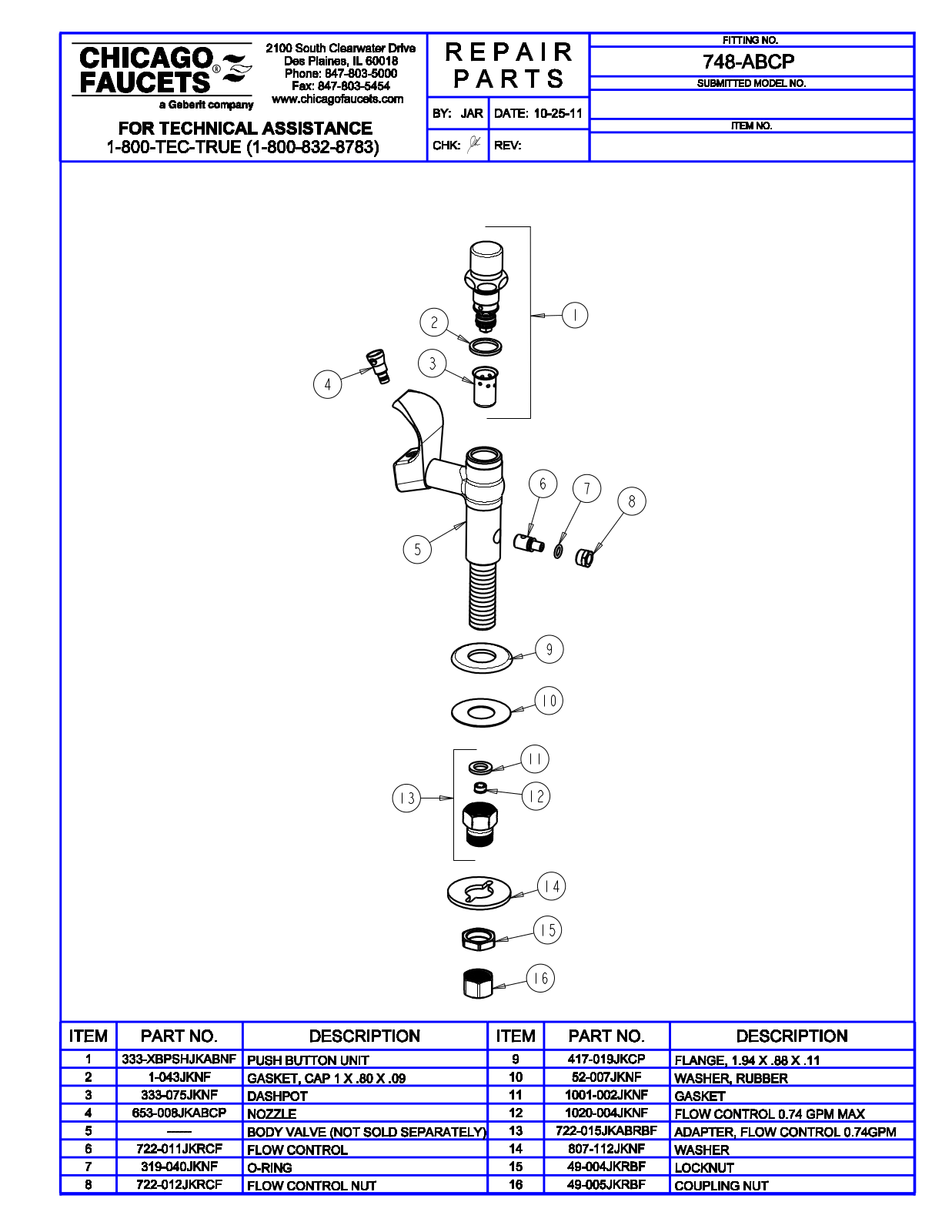 Chicago Faucet 748-ABCP Parts List