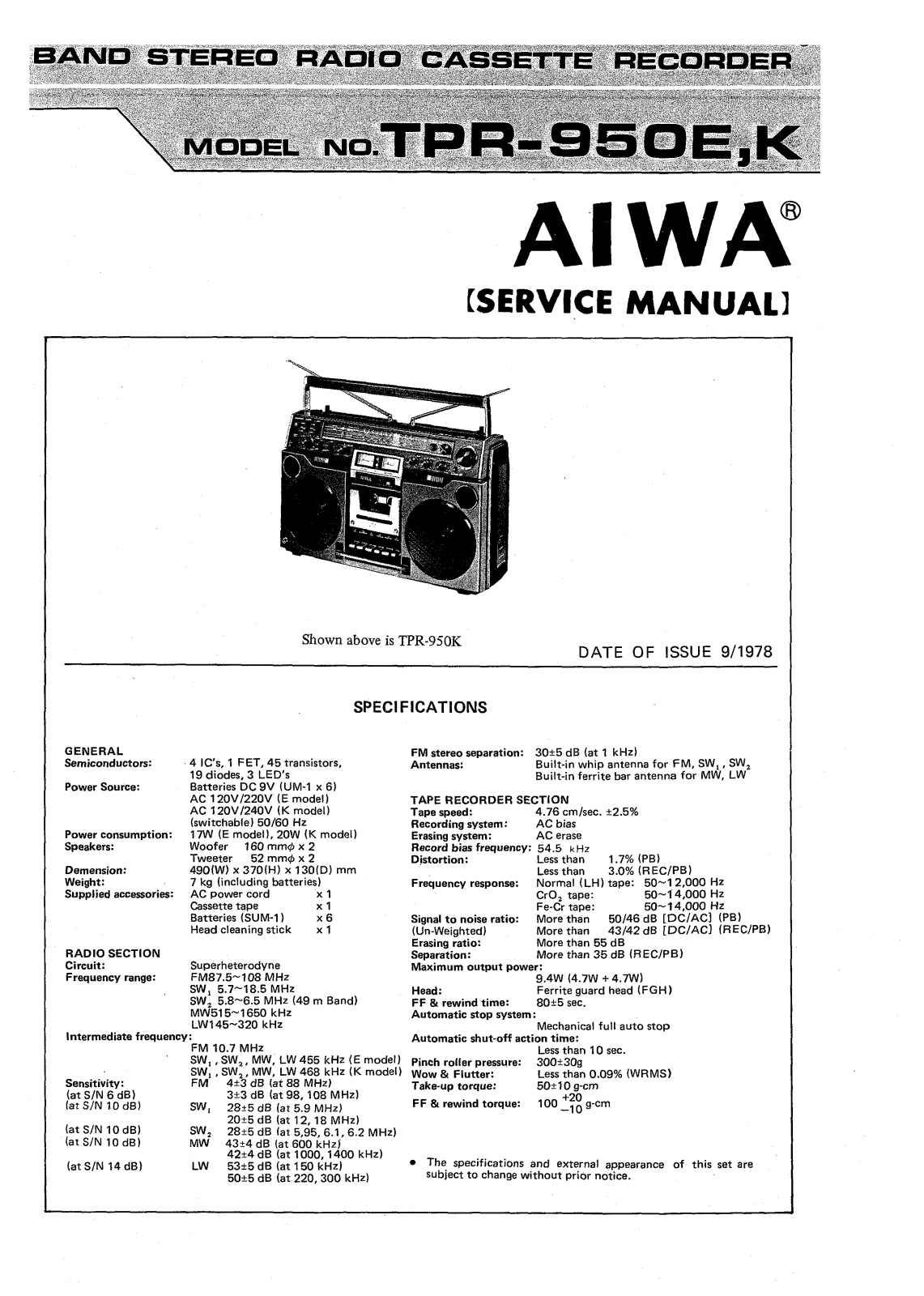 Aiwa tpr-950 e, tpr-950 k Service Manual