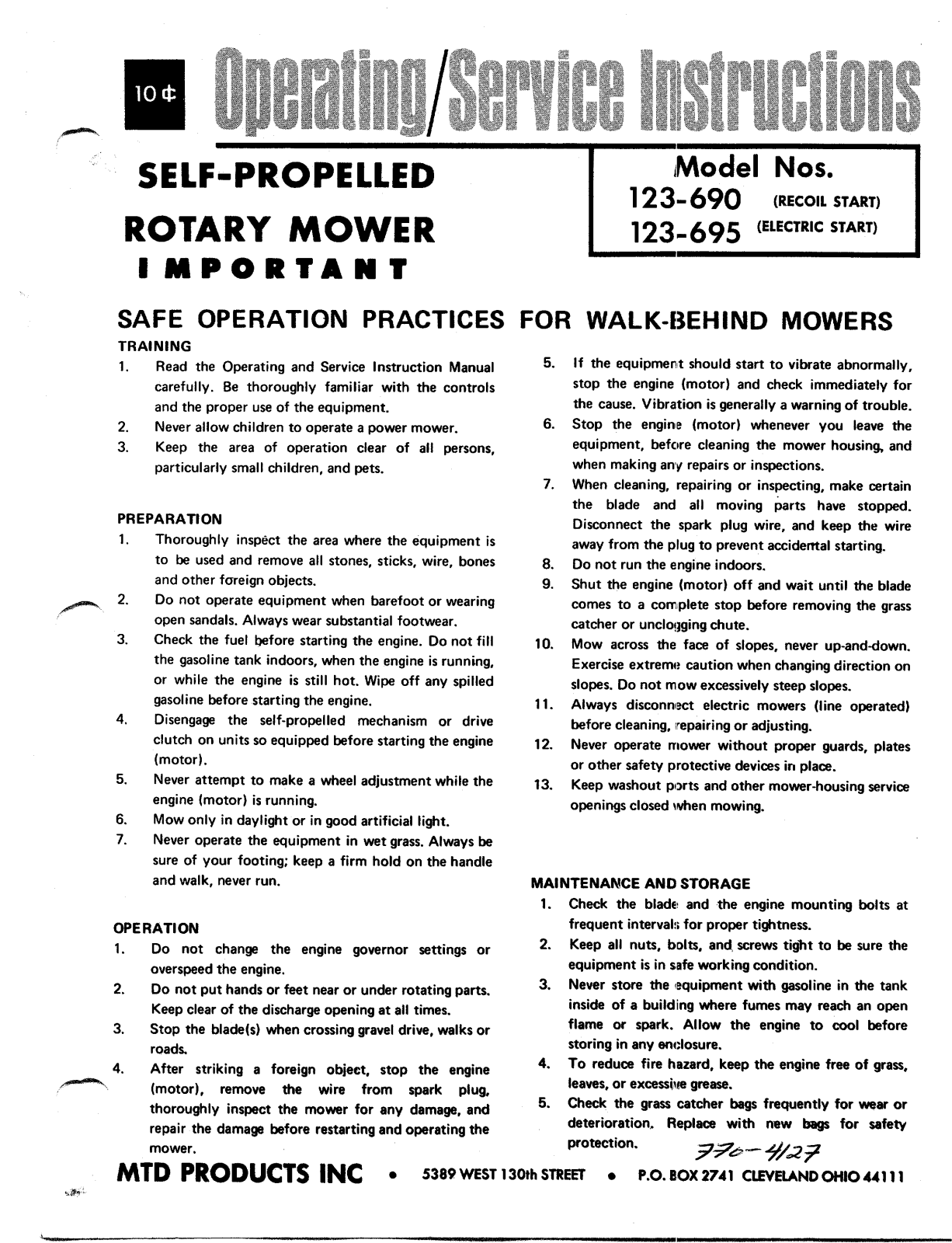 MTD 123-690, 123-695 User Manual