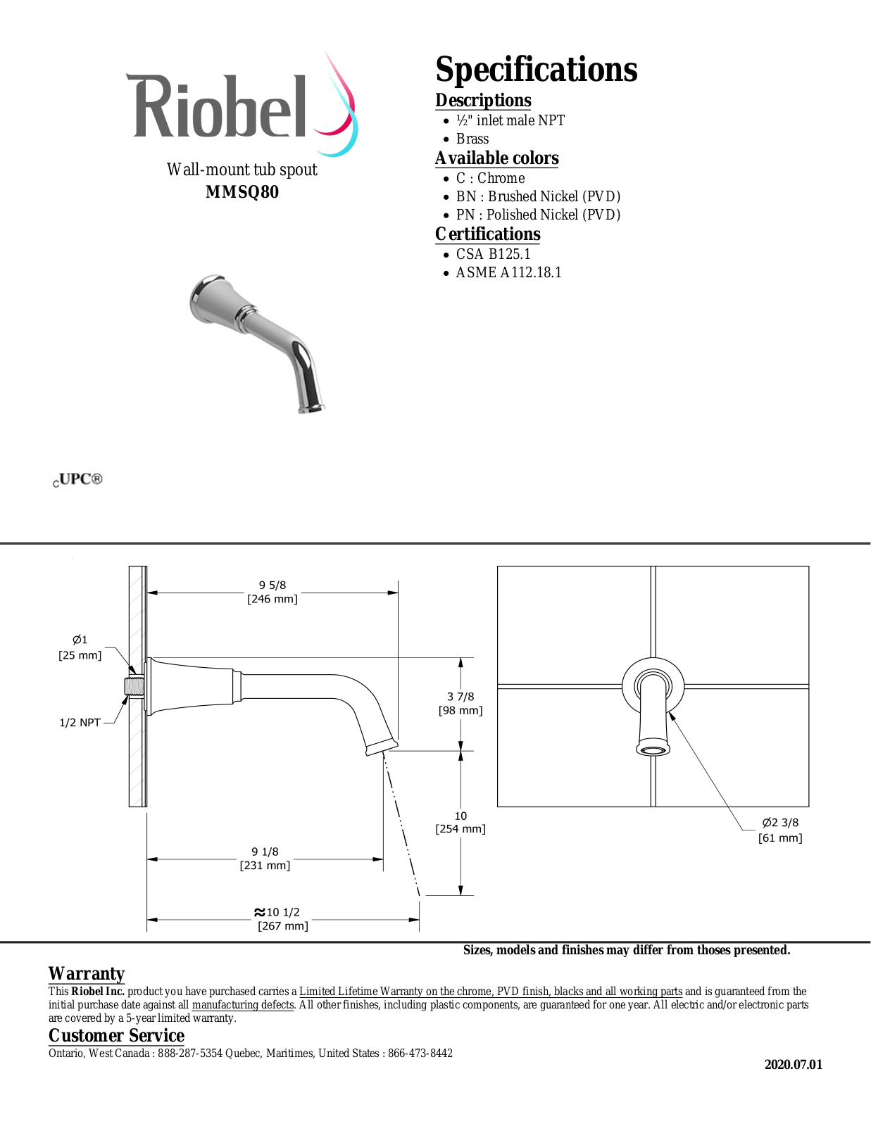 Riobel MMSQ80BK, MMSQ80BN, MMSQ80C Specifications - ManualMachine.com