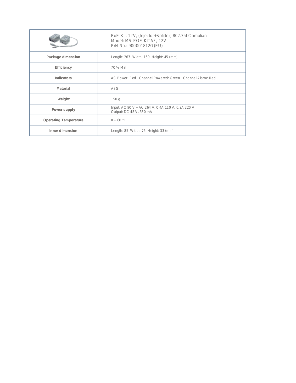 Vivotek MS-POE-KITAF, MS-POE-KITAF-12V Specsheet