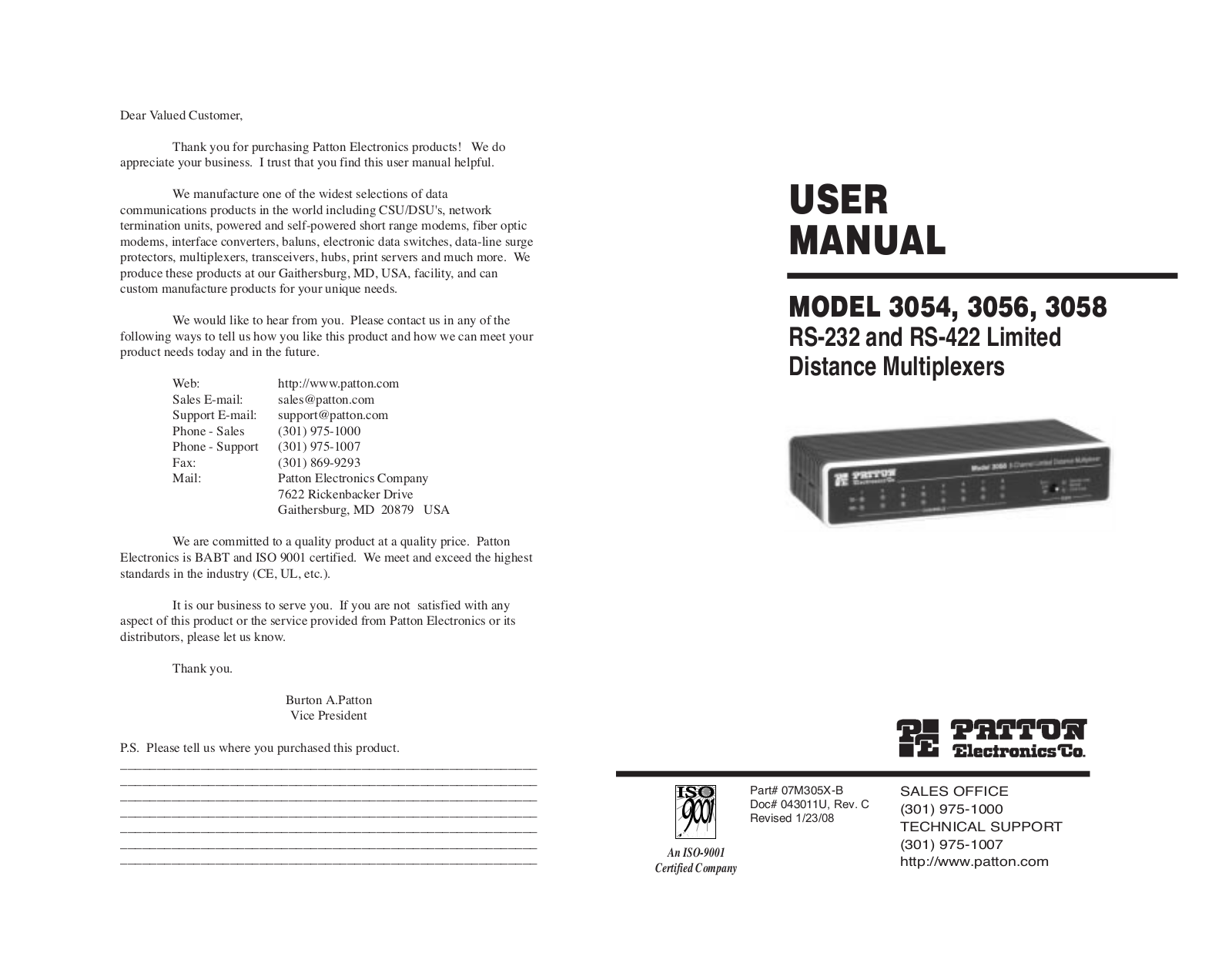 Patton electronic 3058 RS-232, 3056, 3054, RS-422 User Manual