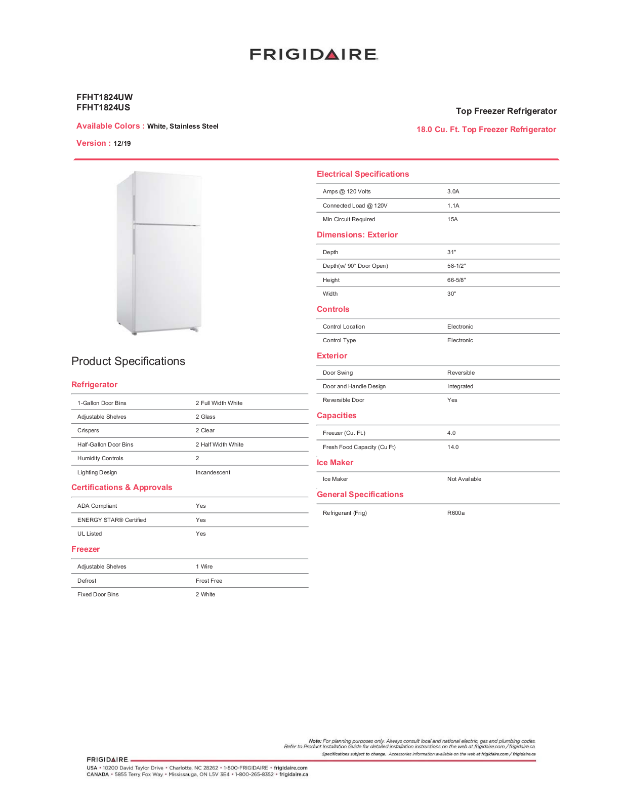 Frigidaire FFHT1824US, FFHT1824UW Specifications