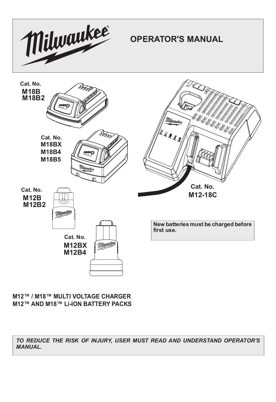 Milwaukee M12-18C, M18B2, M18B, M18BX, M18B5 Operator's Manual