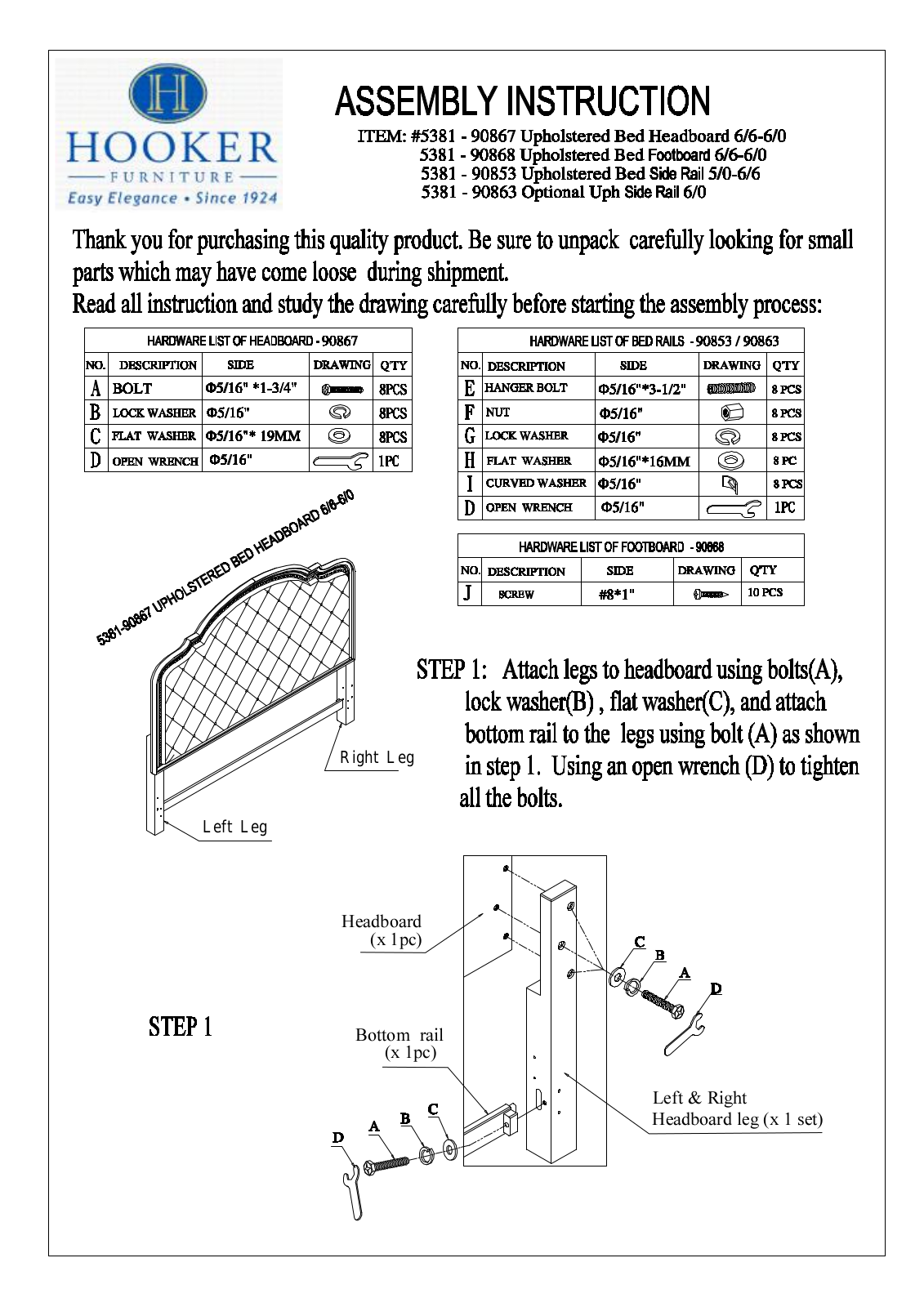 Hooker Furniture 538190860, 538190866 Assembly Guide