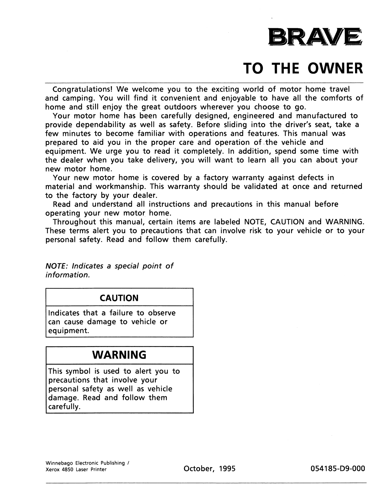 Winnebago Brave (1996) Operator's Manual