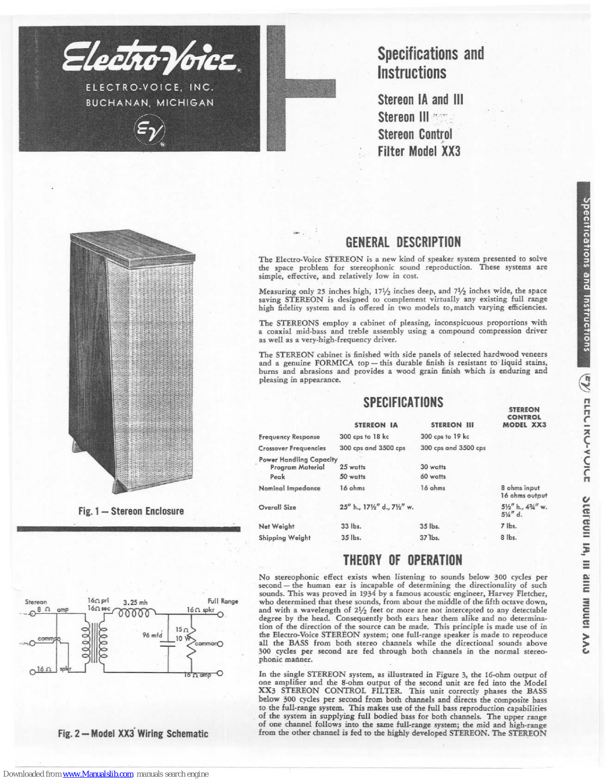 Electro-Voice Stereon Control XX3, Stereon IA, Stereon III Specifications & Instructions