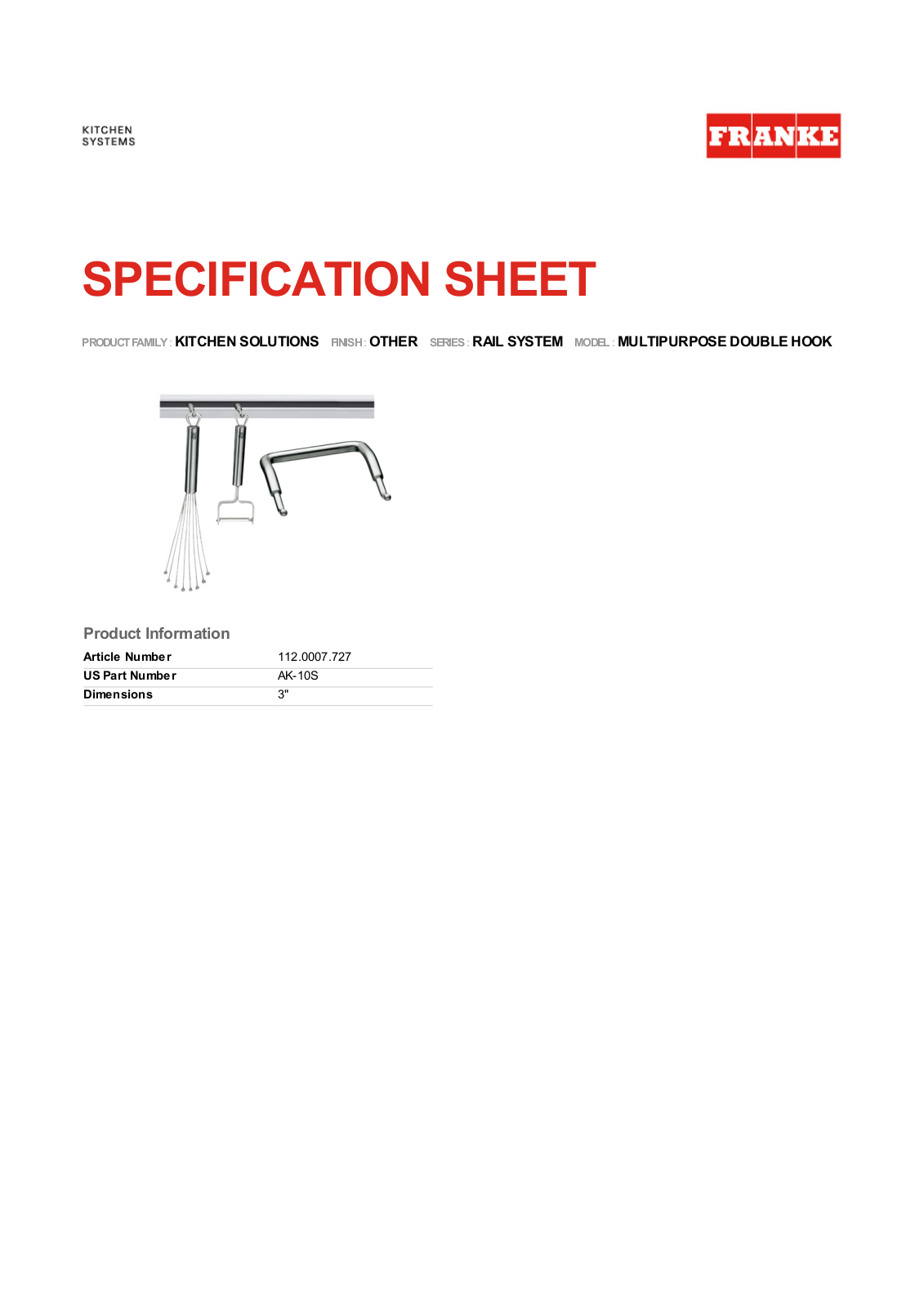 Franke Foodservice MULTIPURPOSE DOUBLE HOOK User Manual