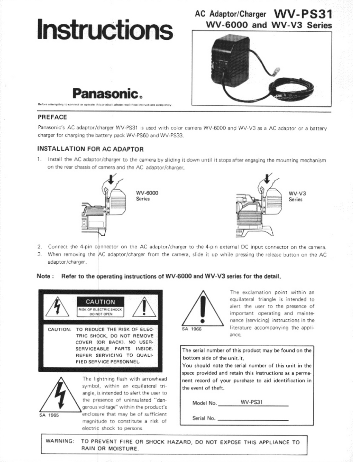 Panasonic WV-PS31 User Manual