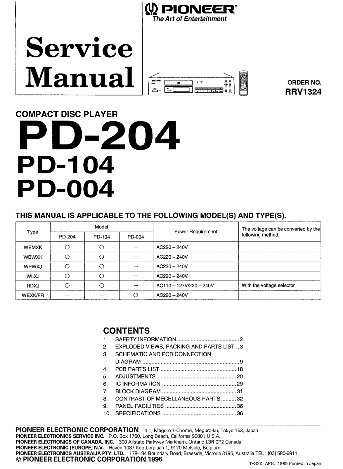 Pioneer PD-004, PD-104, PD-204 Service manual