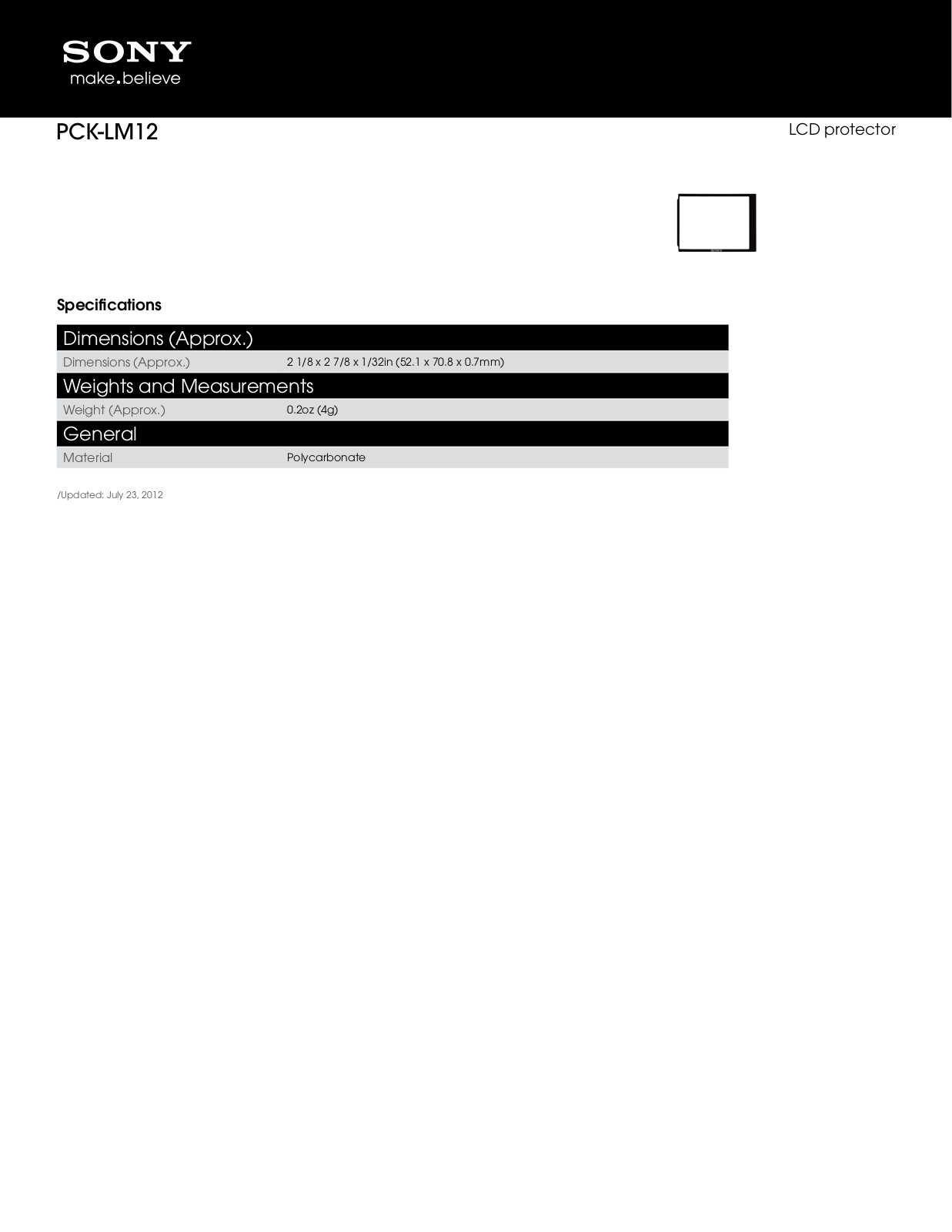 Sony PCK-LM12 Marketing Specifications