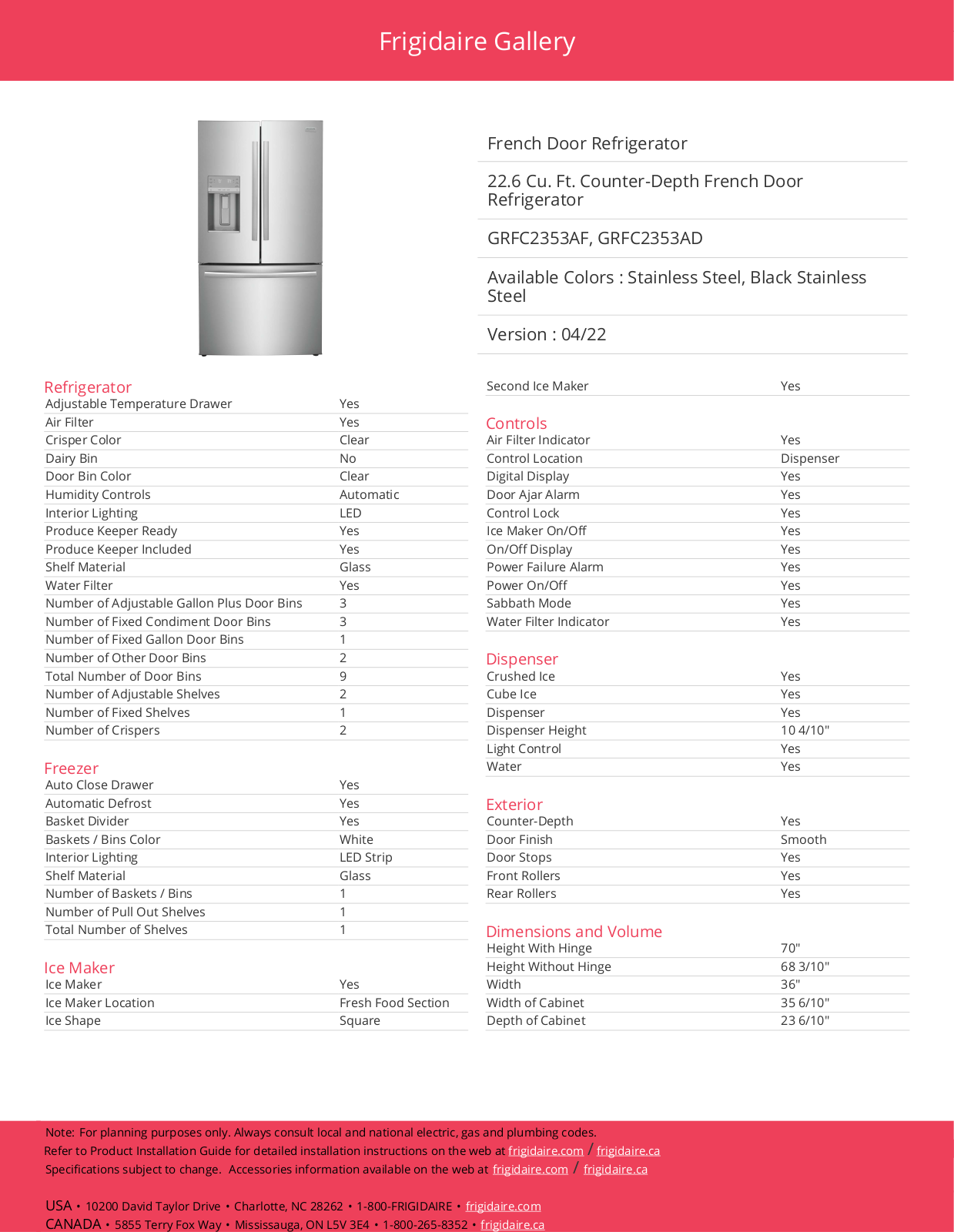 Frigidaire GRFC2353AD Specifications - ManualMachine.com