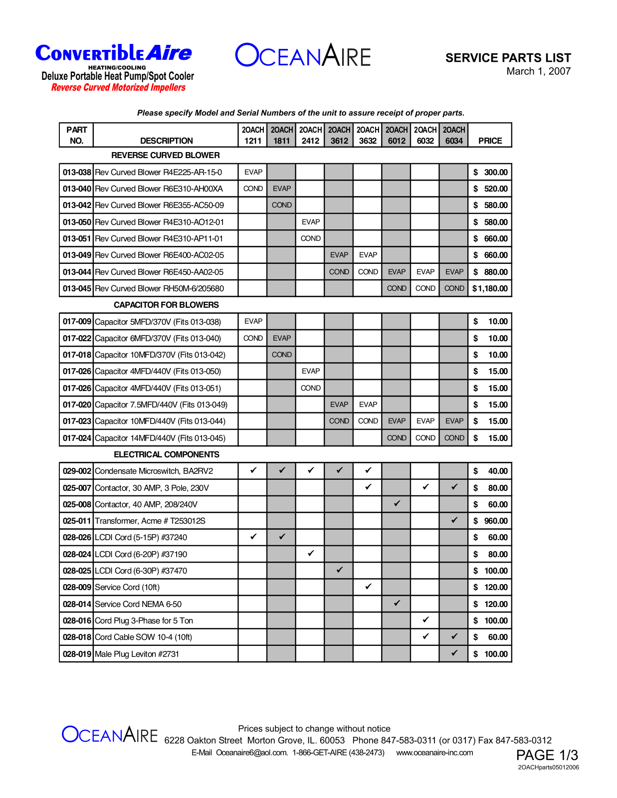 OceanAire 2OACH1211 Parts Manual