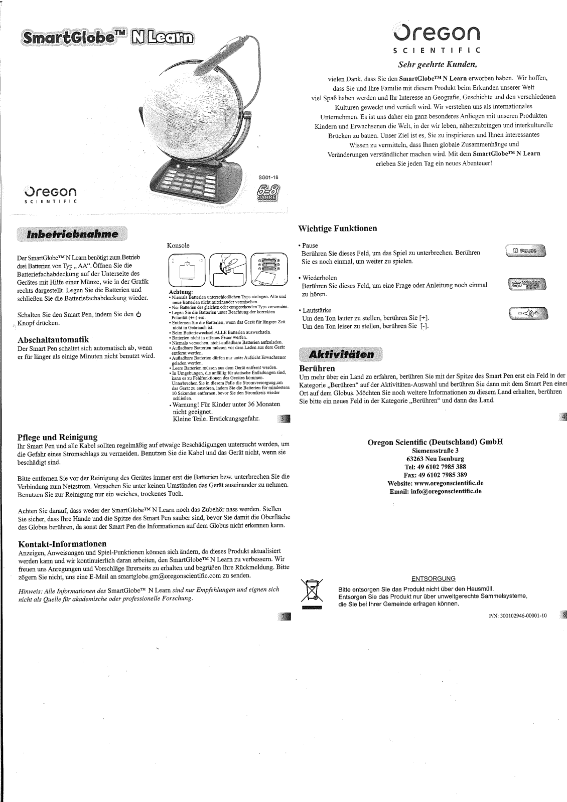 Oregon Scientific SmartGlobe N learn, SG01-18 User guide