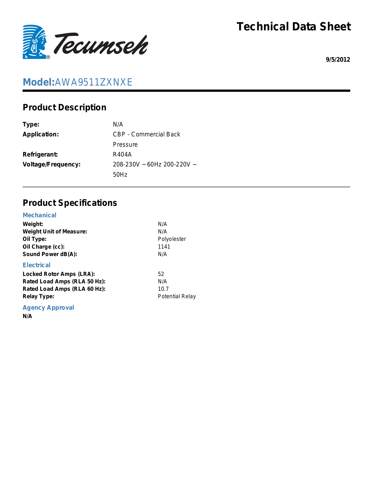 Tecumseh AWA9511ZXNXE User Manual