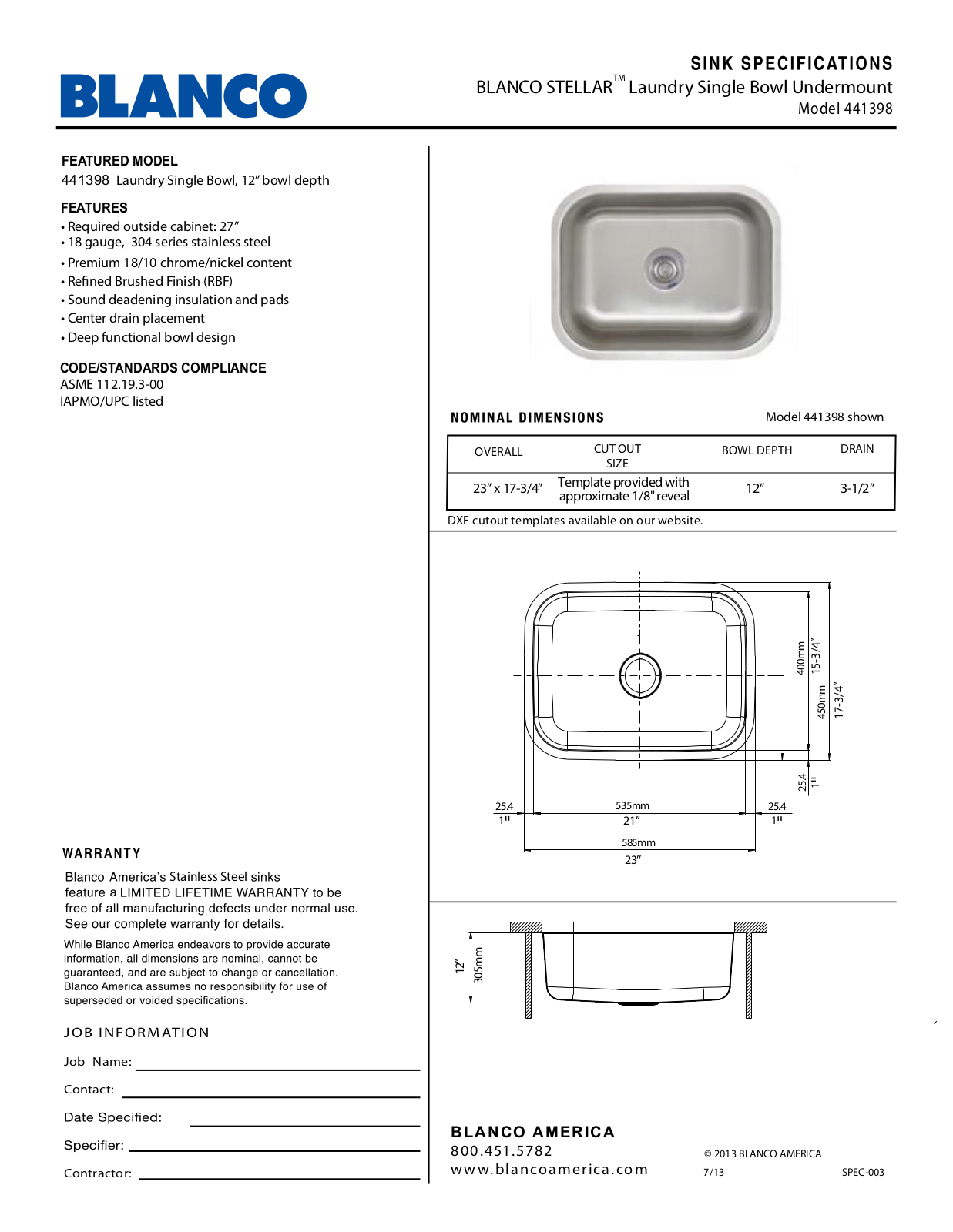 Blanco 441398 Specs - ManualMachine.com