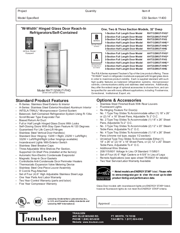 Traulsen RHT332WUT-FHG, RHT132WUT-HHG, RHT232WUT-HHG, RHT332WUT-HHG ...