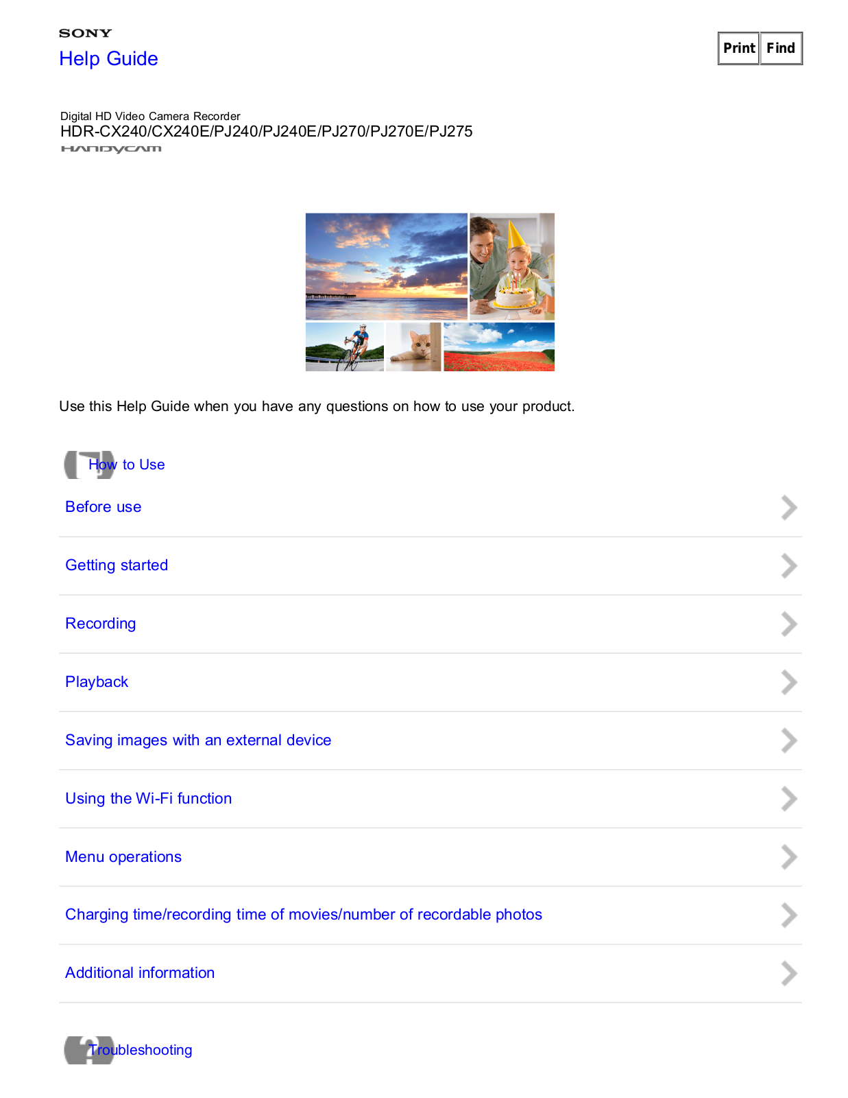 Sony HDR-CX240, HDR-CX240E, HDR-PJ240, HDR-PJ240E, HDR-PJ270 Help Guide