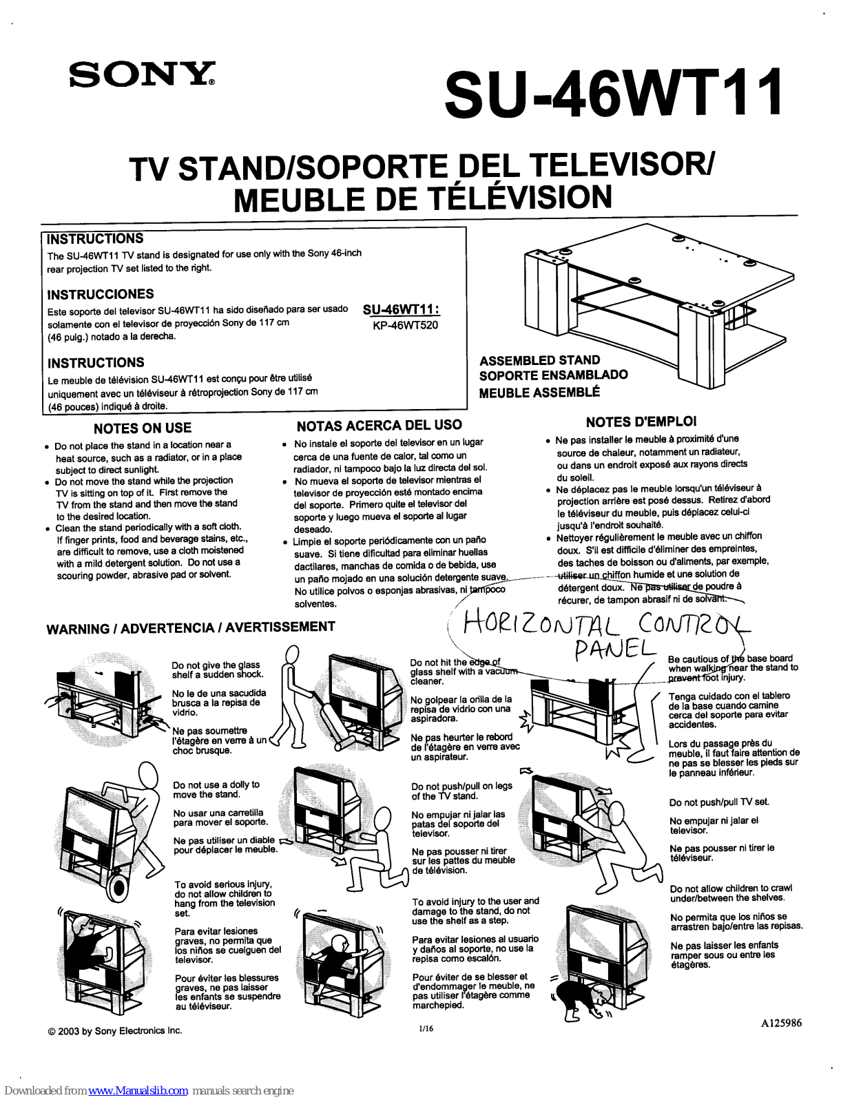 Sony SU-46WT11 Instruction Flyer Instructions Manual