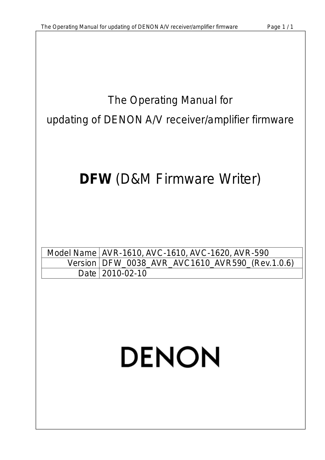 Denon DFW V0038, AVC-1610, AVR-590 Service Manual