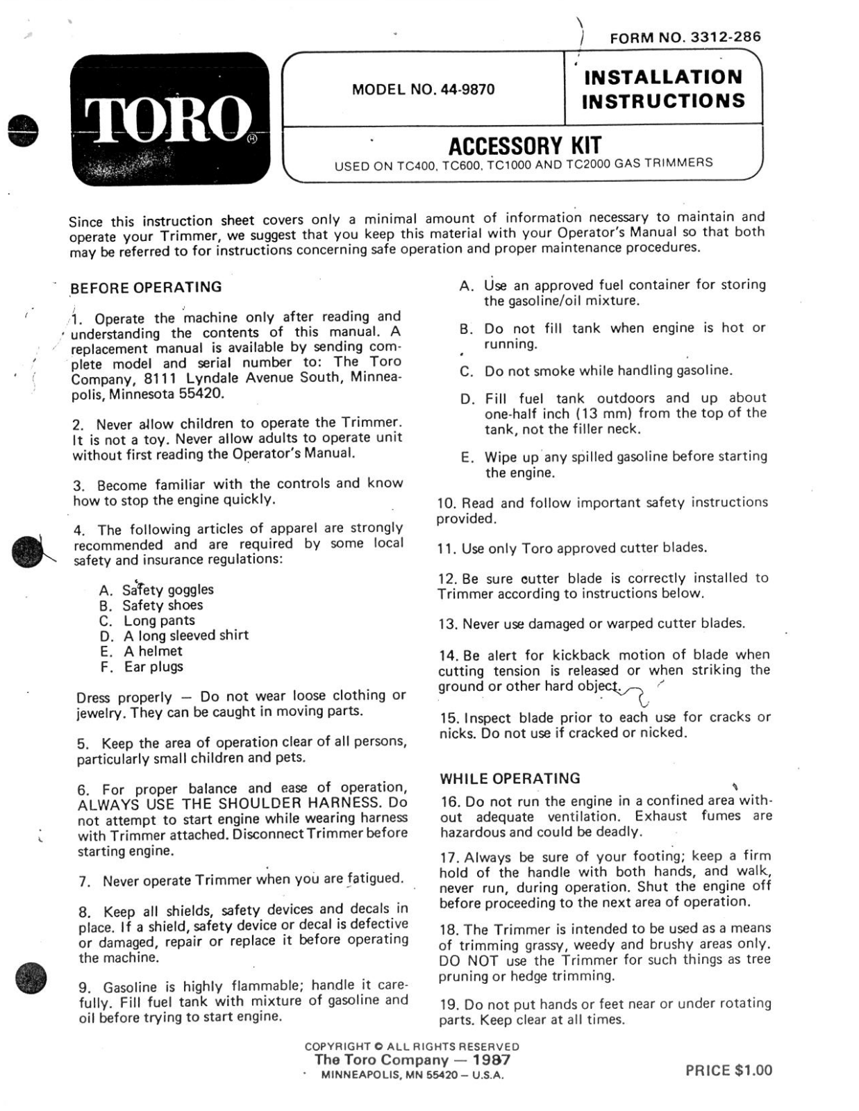 Toro 44-9870 Installation Instructions