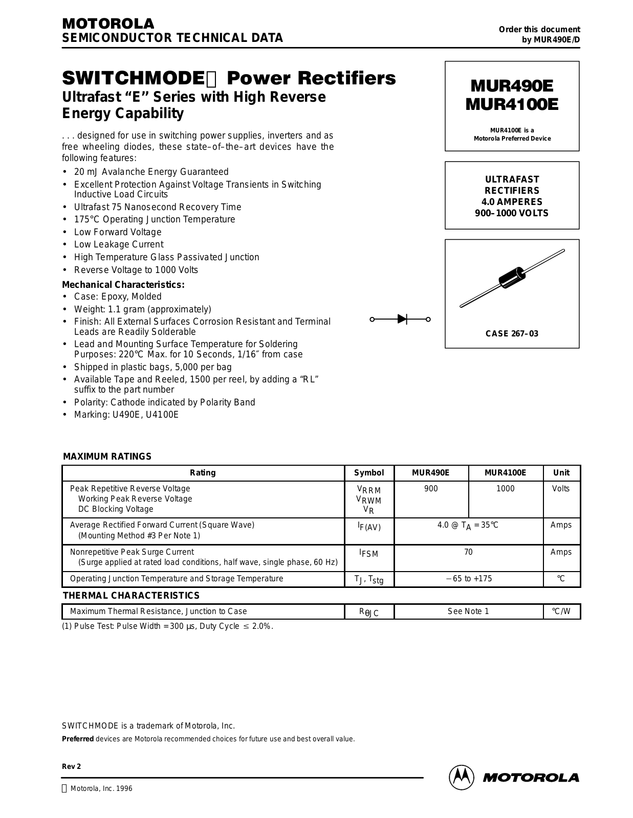 Motorola MUR4100E, MUR490E Datasheet