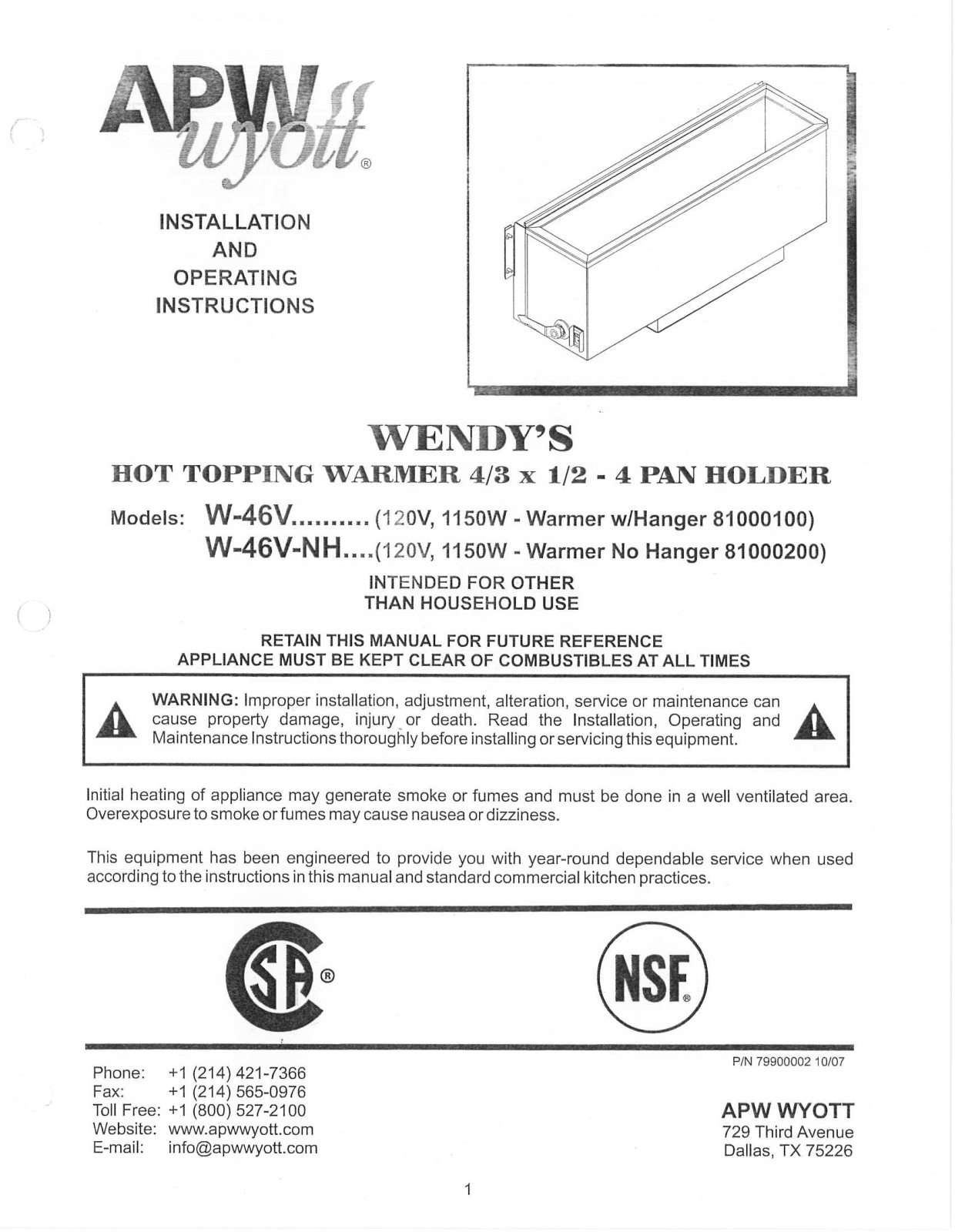 APW Wyott W-46V-NH Installation  Manual