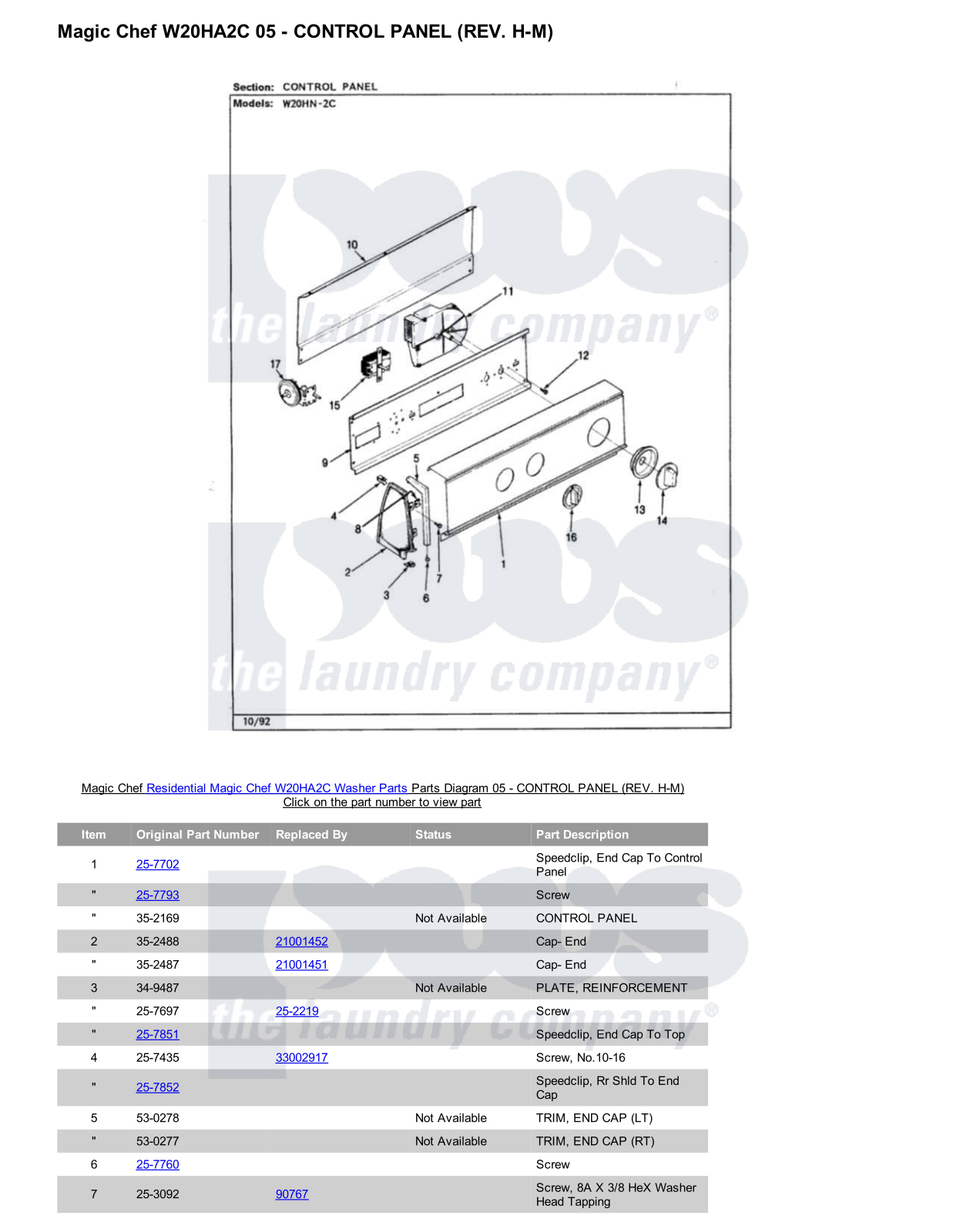 Magic Chef W20HA2C Parts Diagram