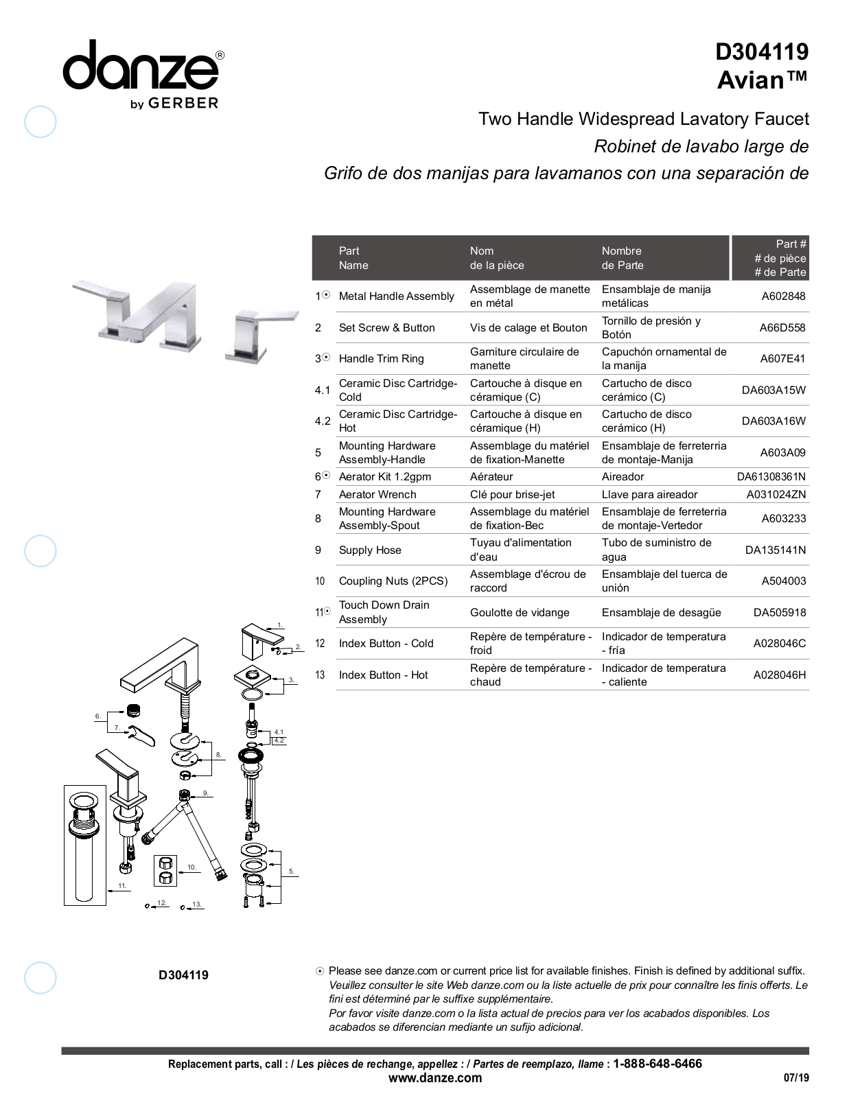 Danze D304119 Parts List