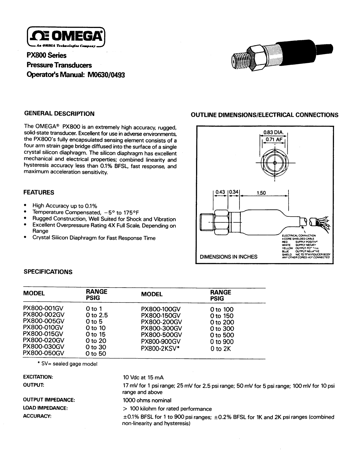 Omega Products PX800-001GV Installation  Manual