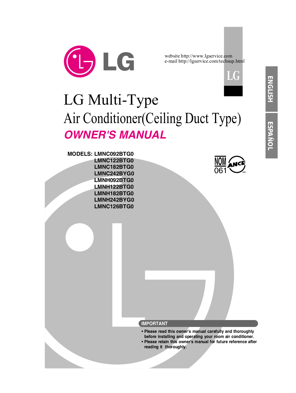 LG LMNC092BTG0 Owner's Manual