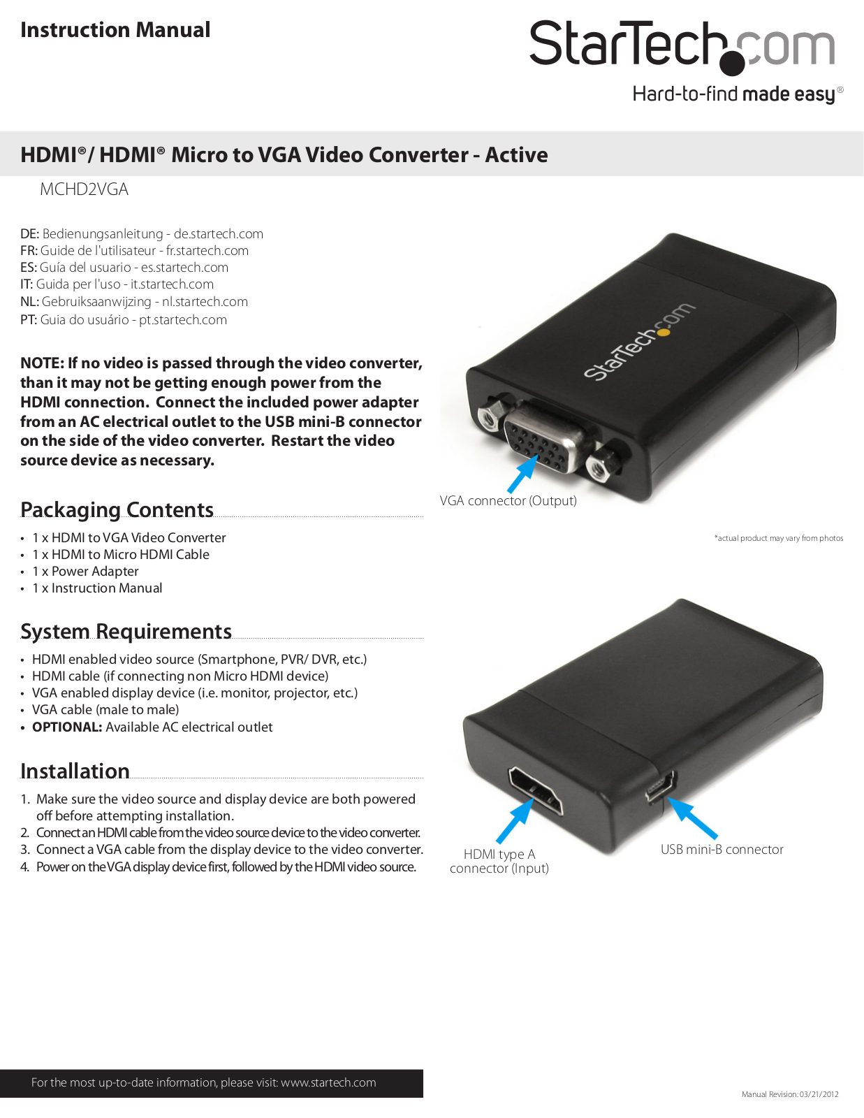 StarTech.com MCHD2VGA User Manual