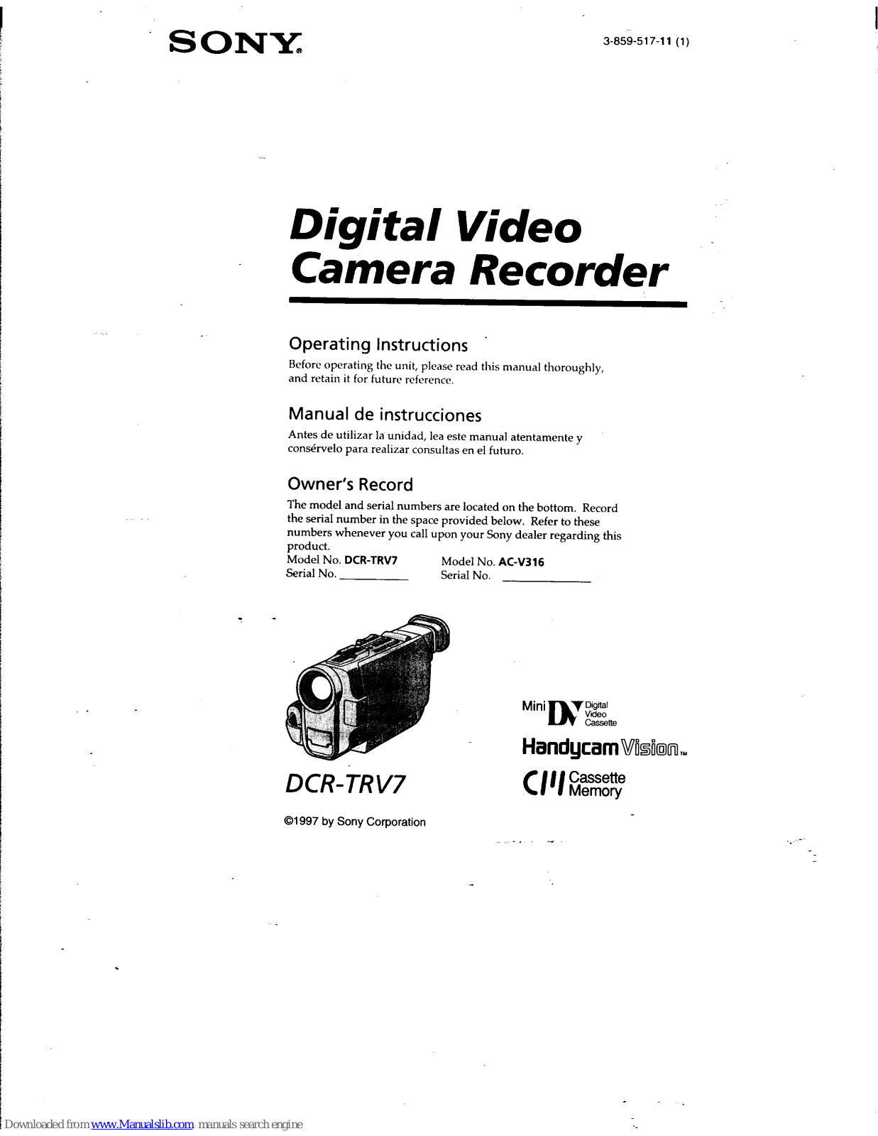 Sony DCR-TRV7 Operating Instructions (English and Spanish), Handycam Vision DCR-TRV7 Operating Instructions Manual