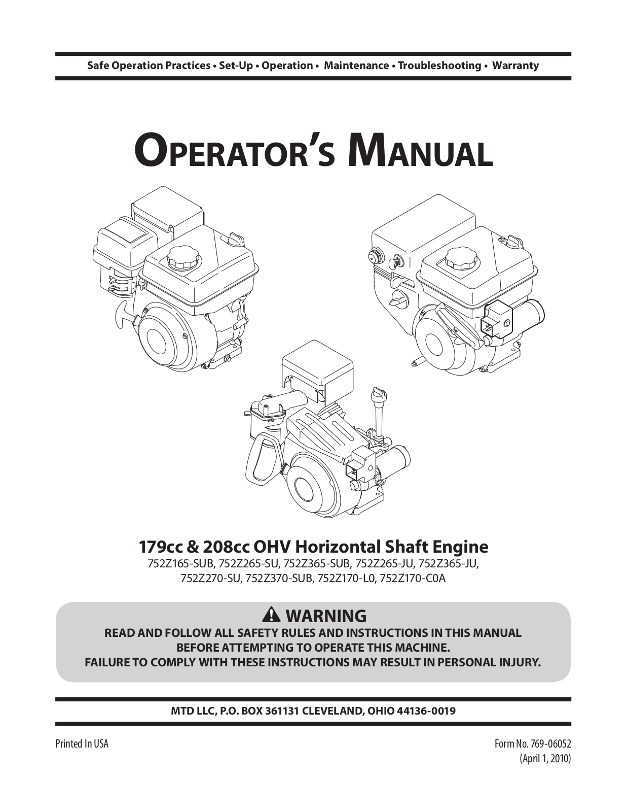 MTD 179cc, 208cc User Manual