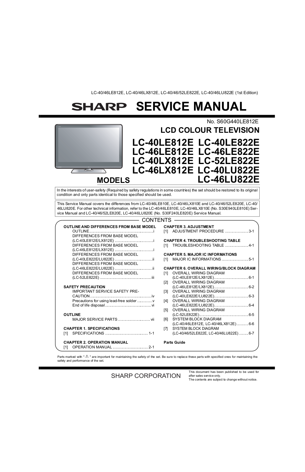 Sharp LC-40LE812E, LC-46LE812E, LC-40LX812E, LC-46LX812E, LC-40LE822E Service manual