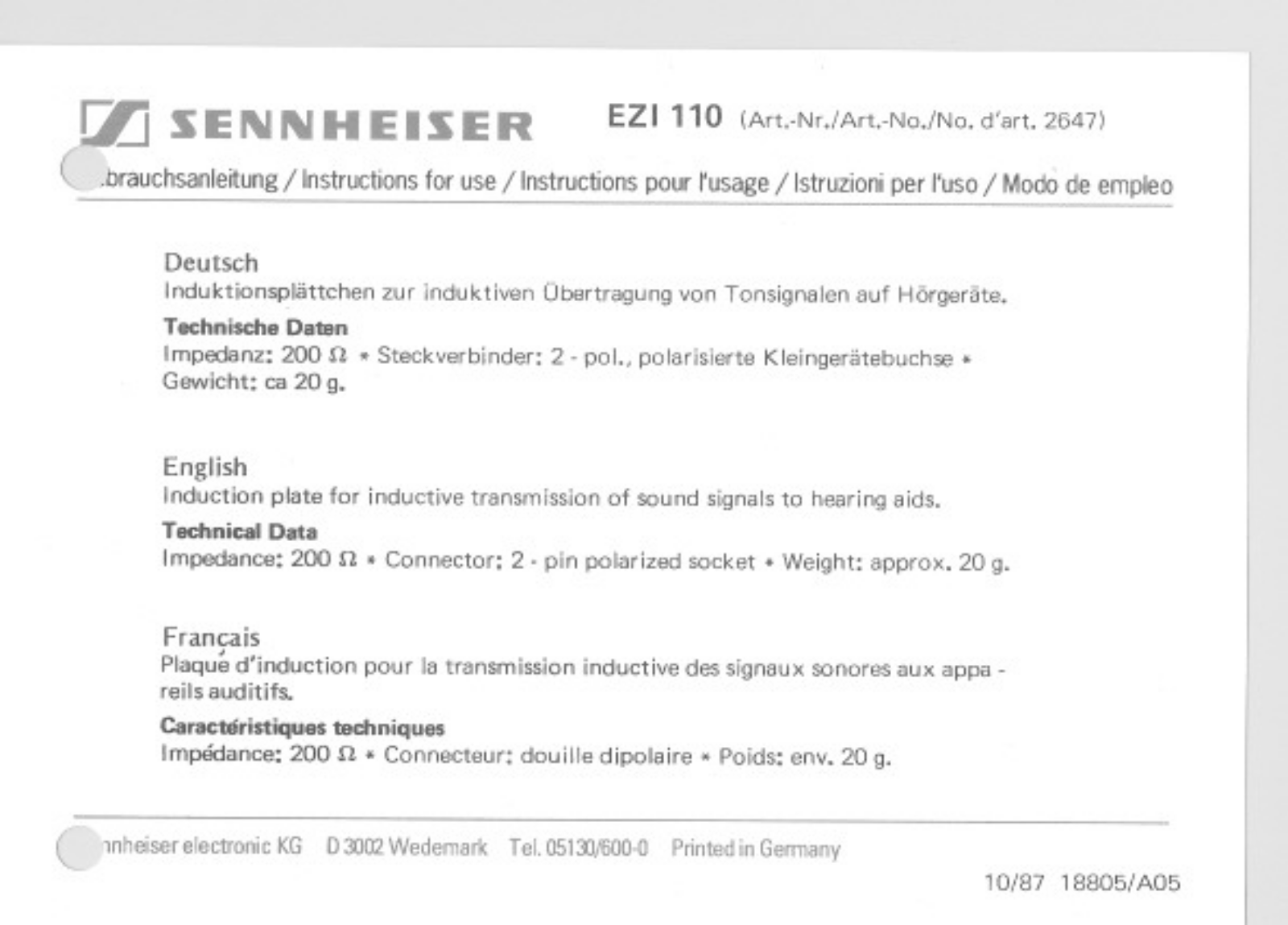 Sennheiser EZI 110 User Manual