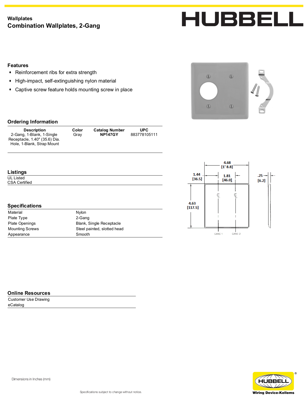 Hubbell NP147GY Specifications