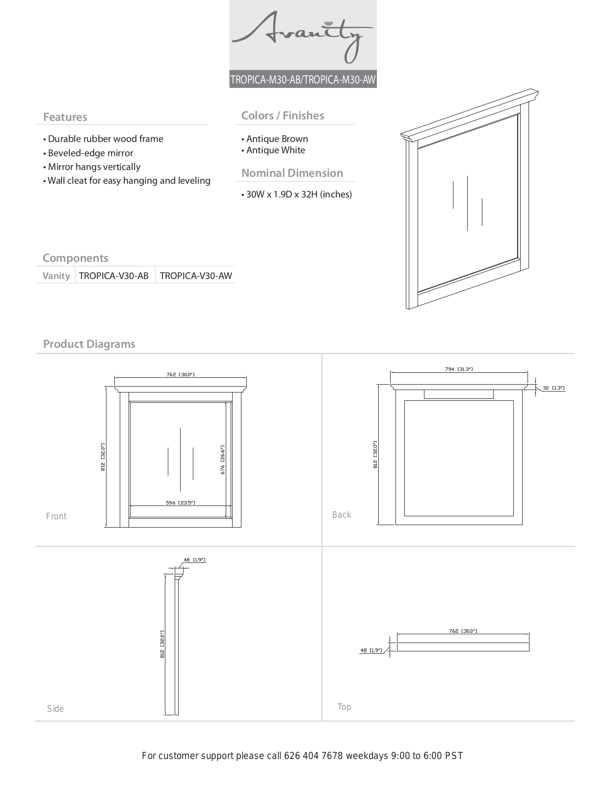 Avanity TROPICAM30AW Specifications