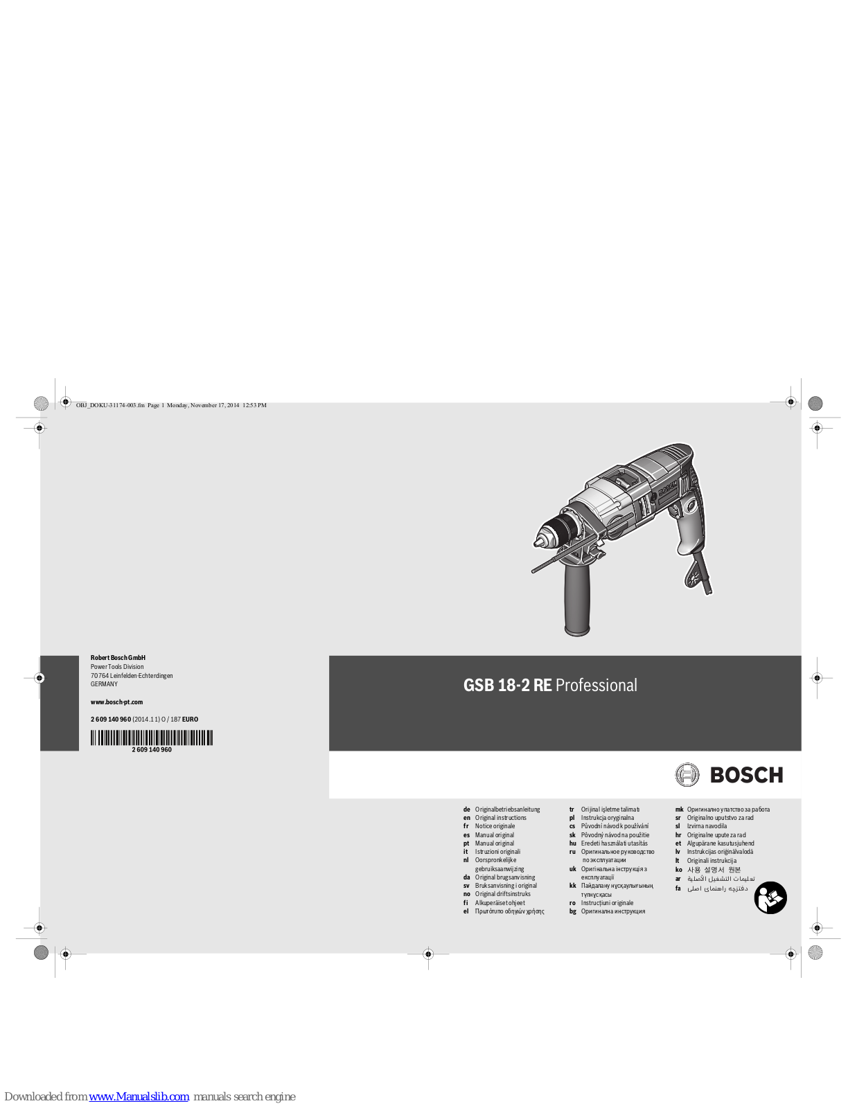 Bosch GSB 18-2 RE Professional Original Instructions Manual