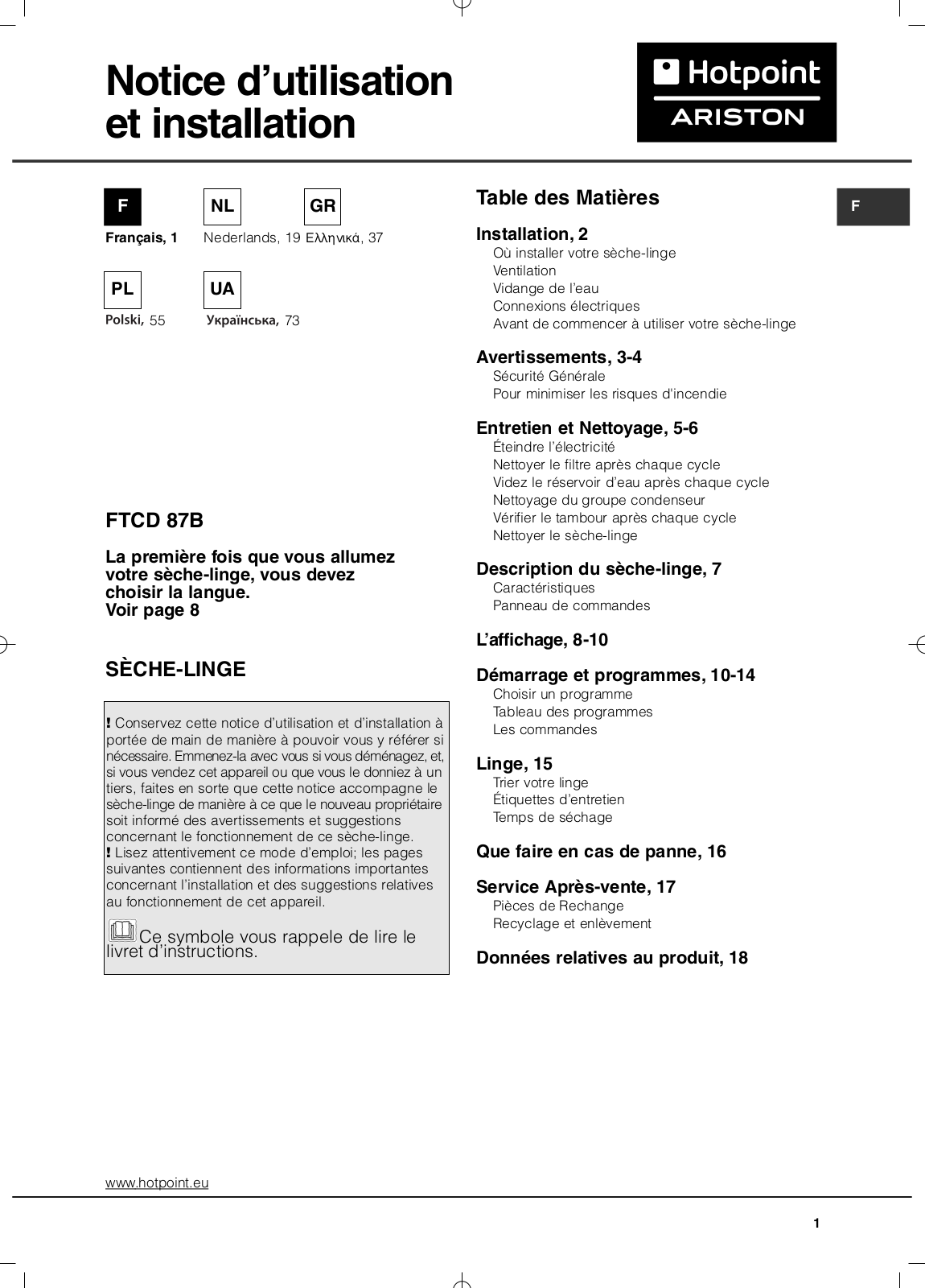 HOTPOINT FTCD 87B 6K EU, FTCD 87B6K User Manual - ManualMachine.com