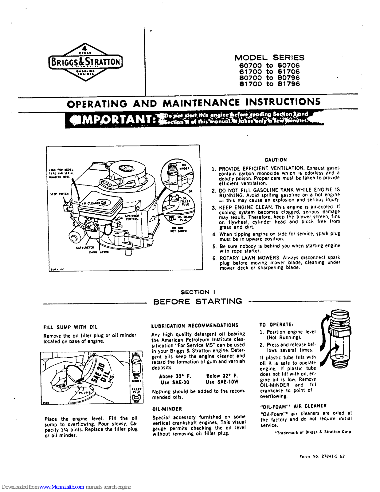 Briggs & Stratton 60700 Series, 60706 Series, 61700 Series, 61706 Series, 80700 Series Operating And Maintenance Instructions Manual