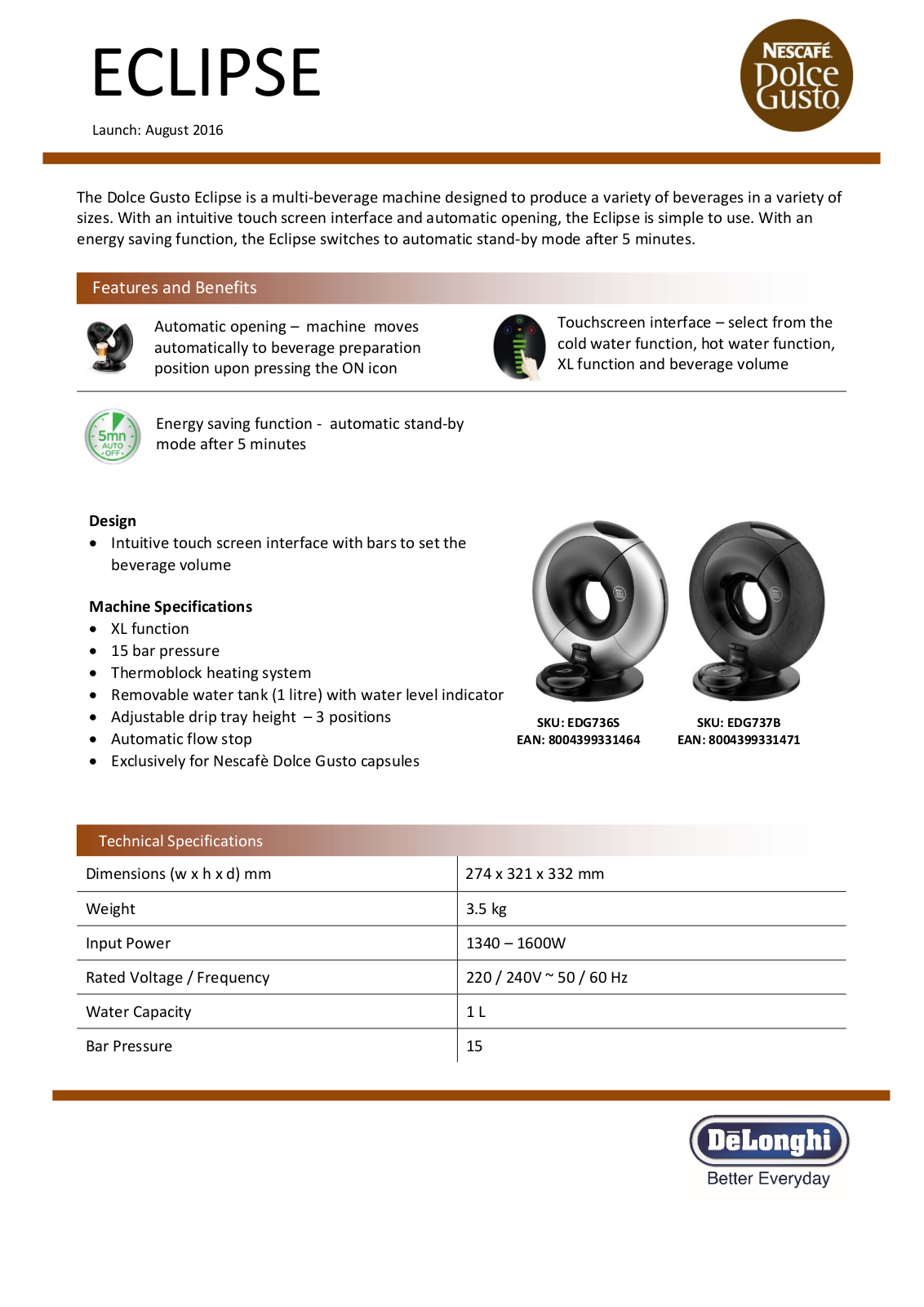 Delonghi EDG736S, EDG737B Specifications Sheet