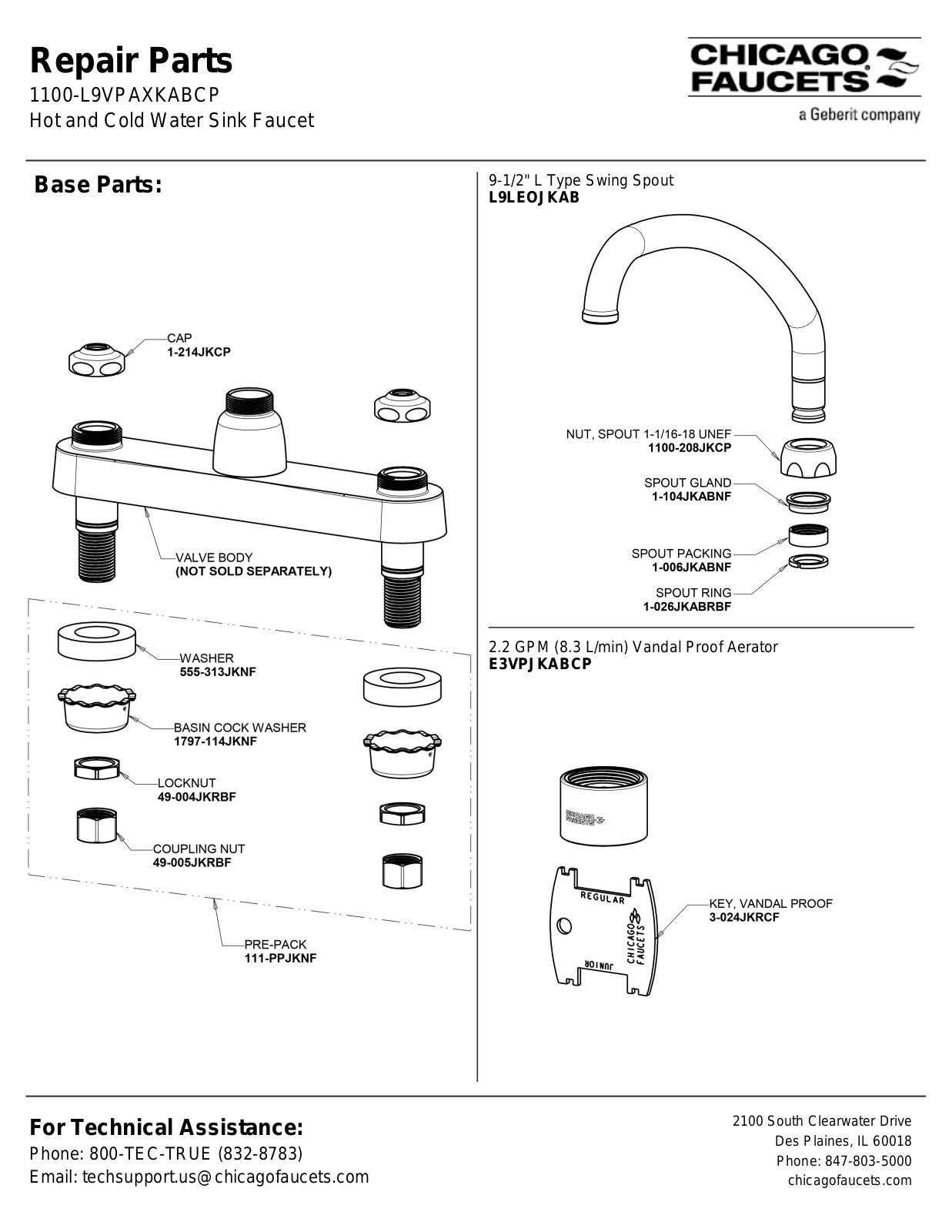 Chicago Faucet 1100-L9VPAXKABCP Parts List