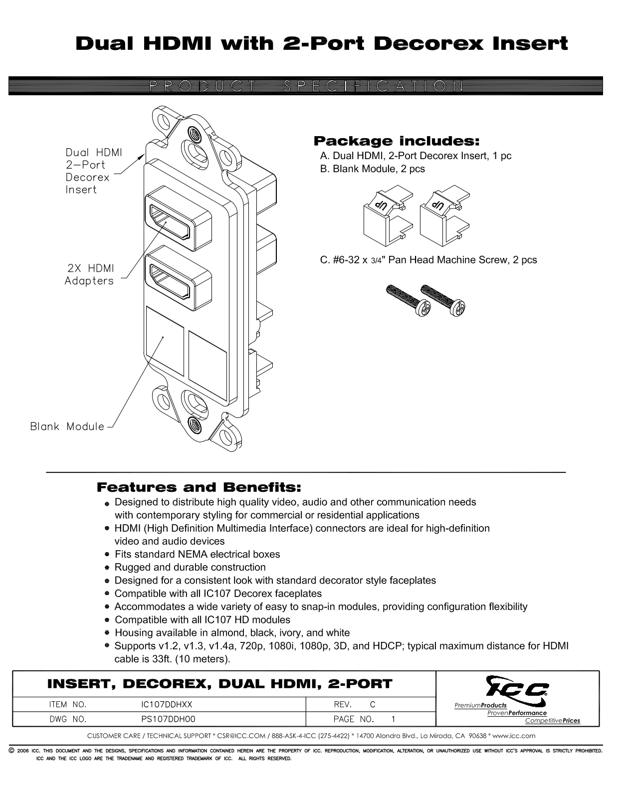 ICC IC107DDHAL, IC107DDHBK, IC107DDHIV, IC107DDHWH Specsheet