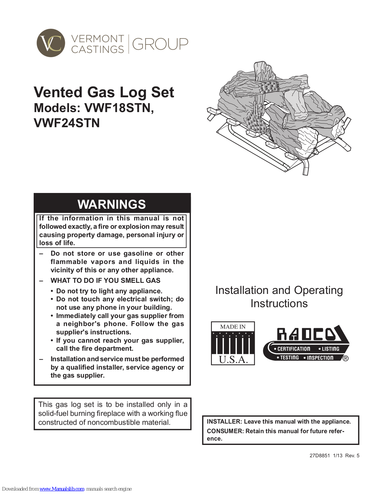 Vermont Castings VWF18STN, VWF24STN Installation And Operating Instructions Manual